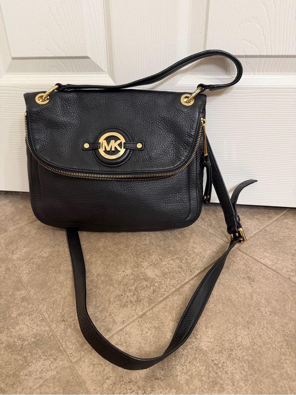Michael Kors Black Leather Crossbody with Gold MK Emblem